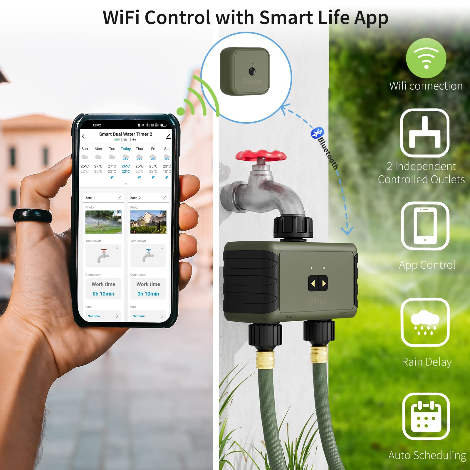 

Умный таймер разбрызгивания Diivoo с 1/2 розеткой, Wi-Fi, до 20 планов полива, автоматическая система полива с Wi-Fi-концентратором, управление через приложение