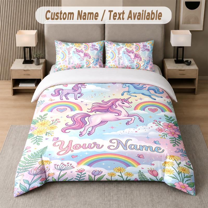 Unicorn Theme Custom Text Or Name 3Pcs Bedding Set 1 Flat Sheet & 2 Pillowcases Personalized Home Bedding
