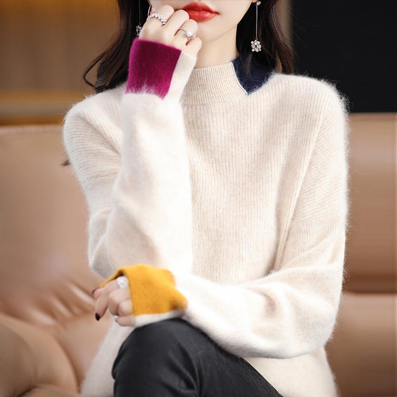 2024 Autumn/Winter Women's Color Block Mink Velvet Half-High Collar Sweater - Short, Loose, Thickened Wool Knit Base Layer.