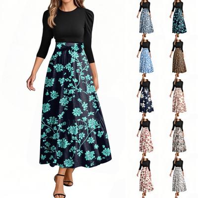 Women's Fashion Casual Belt Round Neck Floral Stitching Elegant Temperament Three-quarter Sleeve Dress