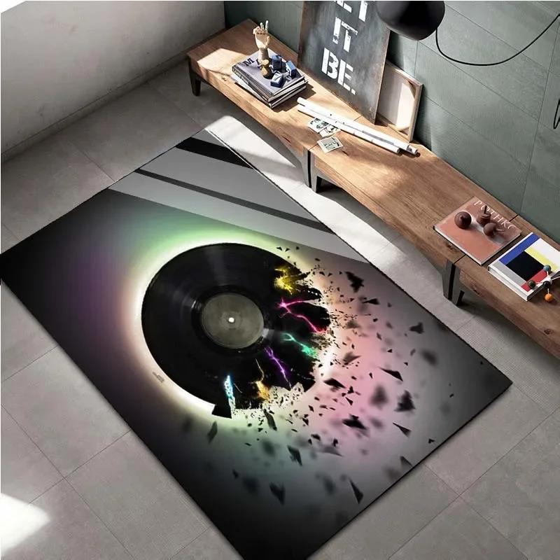 Retro Turntable Record Pattern Area Rug - Soft Fluffy Non-Slip Carpet for Living Room Bedroom - Music Lover Gift Floor Mat