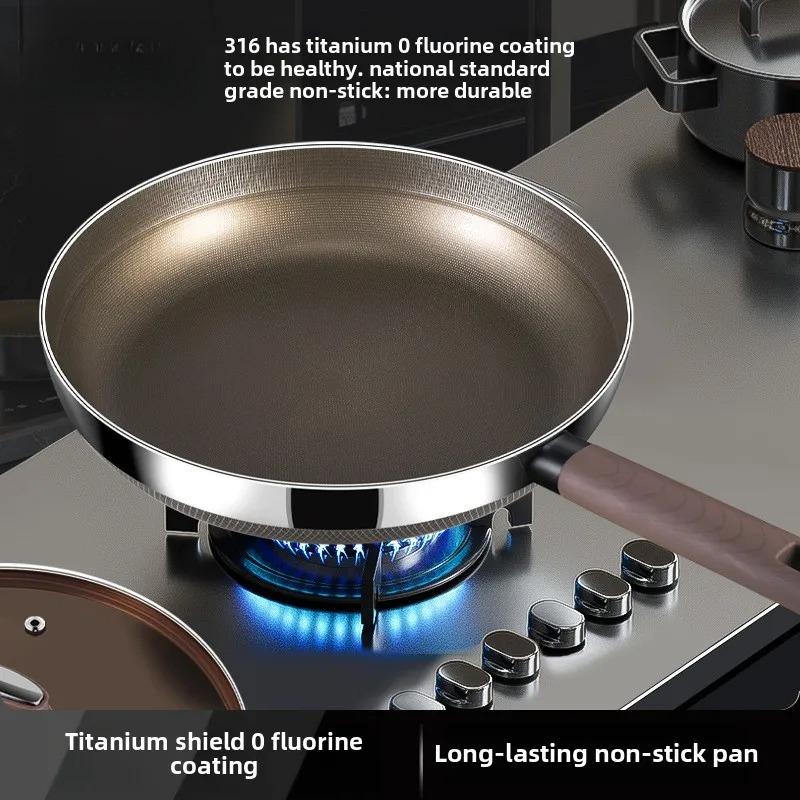 316 Stainless Steel Frying Pan, Uncoated Household Titanium Non-stick Pan, Omelette, Steak Frying Pan, Electromagnetic Universal
