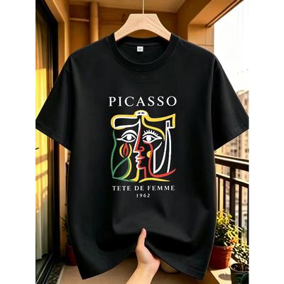 European Size  Picasso 'Woman Head' 1962 Printed Mesh T-Shirt, Breathable Cubist Art Short Sleeve, Casual Crew Neck Top