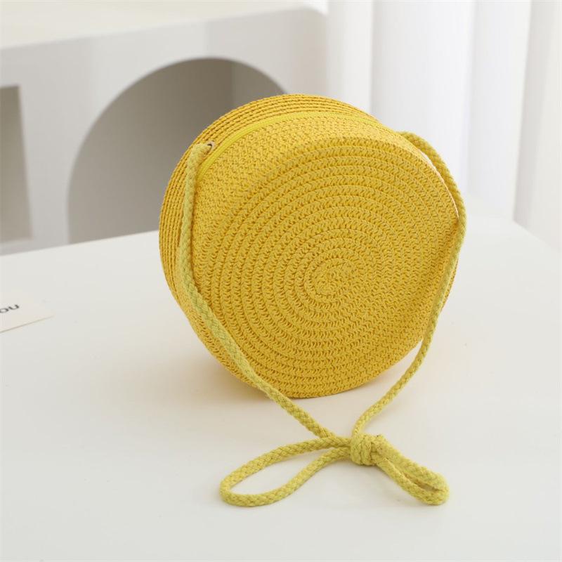 Summer Solid Color Straw Bag Shoulder Messenger Round Bag Children Versatile Outing Beach Bag Light Board DIY Round Weaving