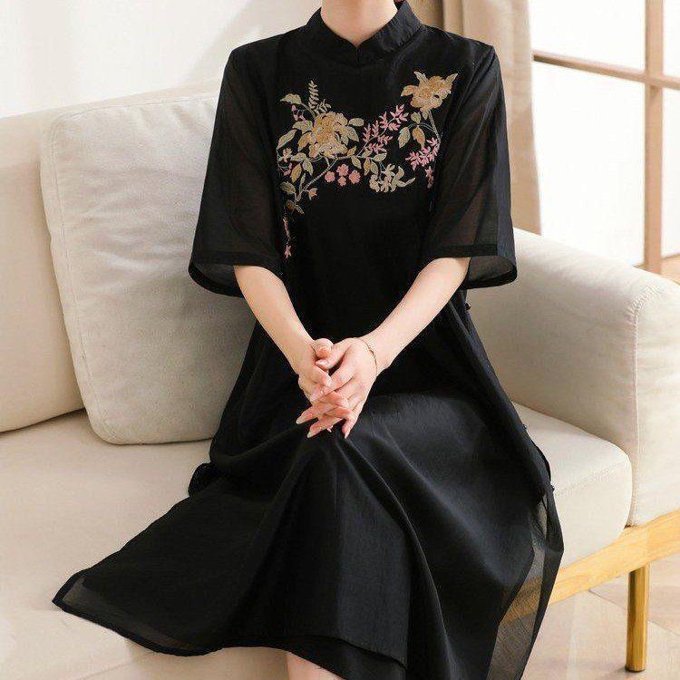 Элегантное Ретро Двухслойное Вышитое Платье - Большого Размера, Китайский Национальный Стиль для Весны/Лета 2XL (110-125 lbs) чёрный