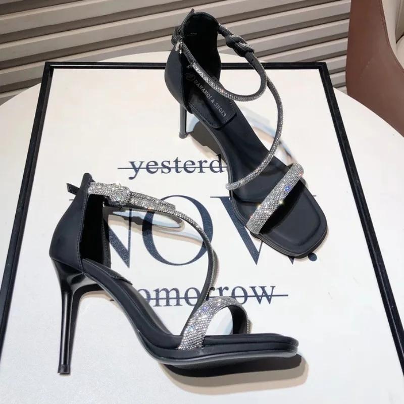 Fashion Elegant Woman Heeled Shoes 2025 New Open Toe Women's Sandals Fashion Crystal Office and Career Summer Buckle Strap Heeled Sandal
