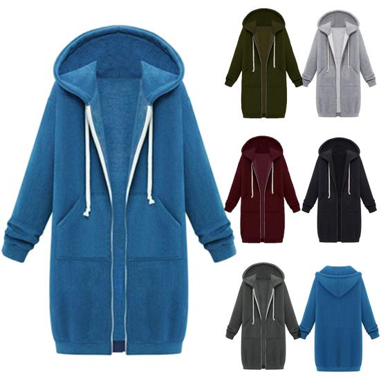 Plus Size Solid Color Casual Thicken Hooded Women Zip Up Long Sweater Coat