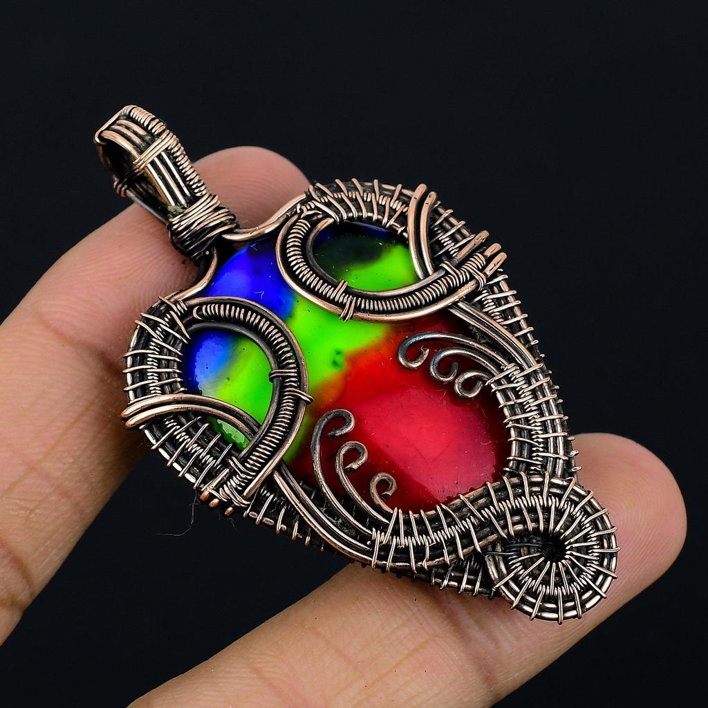 Ammolite Pendant Gemstone Handmade Jewelry,  999 Copper Wire Wrapped Pendant, Gift For Wife Jewelry
