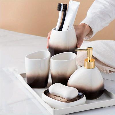6ks 1 sada Pokročilé postupné hnědé Keramické koupelnové doplňky, 2 kelímky na ústní vodu, 1 mýdlenka, 1 kelímek na zubní kartáčky, 1 podnos, 1 nádobka na pleťové mléko Kreativní domácí dárky.
