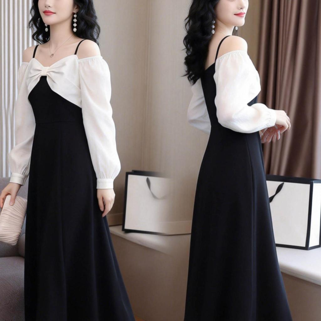 2026 Chic Retro Plus Size Patchwork Color Block Midi Dress for Women - High Waist Slimming Mother's Wear