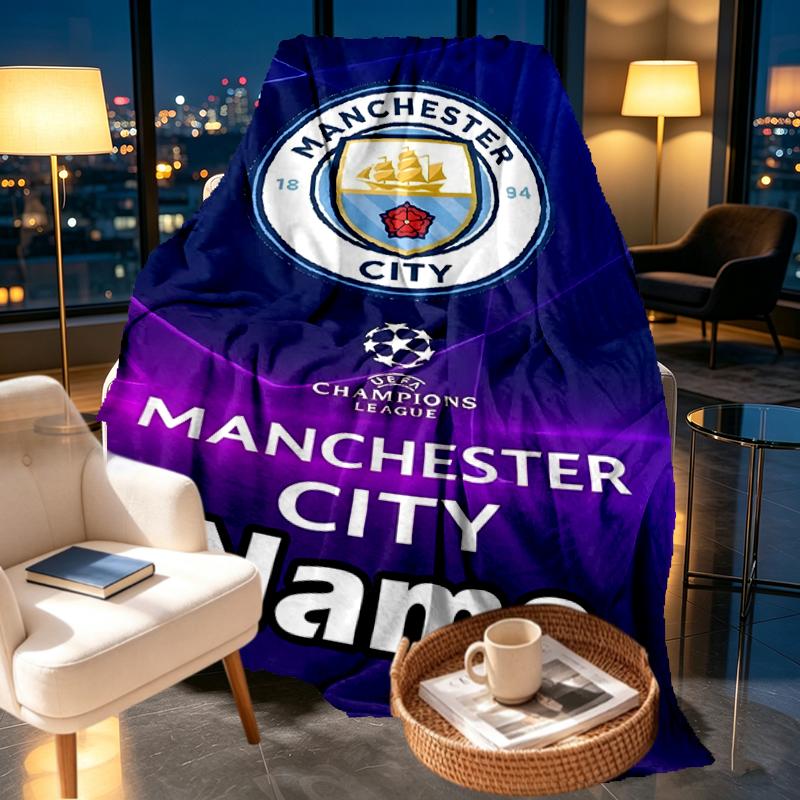 Custom Name Personalized Manchester City FC Print Blankets, Home Decor, Bedroom, Sofa, Camping, Couch, Gifts for Birthday Christmas
