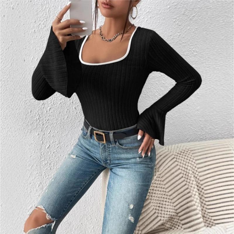 New Solid Color Long-sleeved Pullover Knitted Slim Fashionable and Sexy Low-necked Women's Clothing