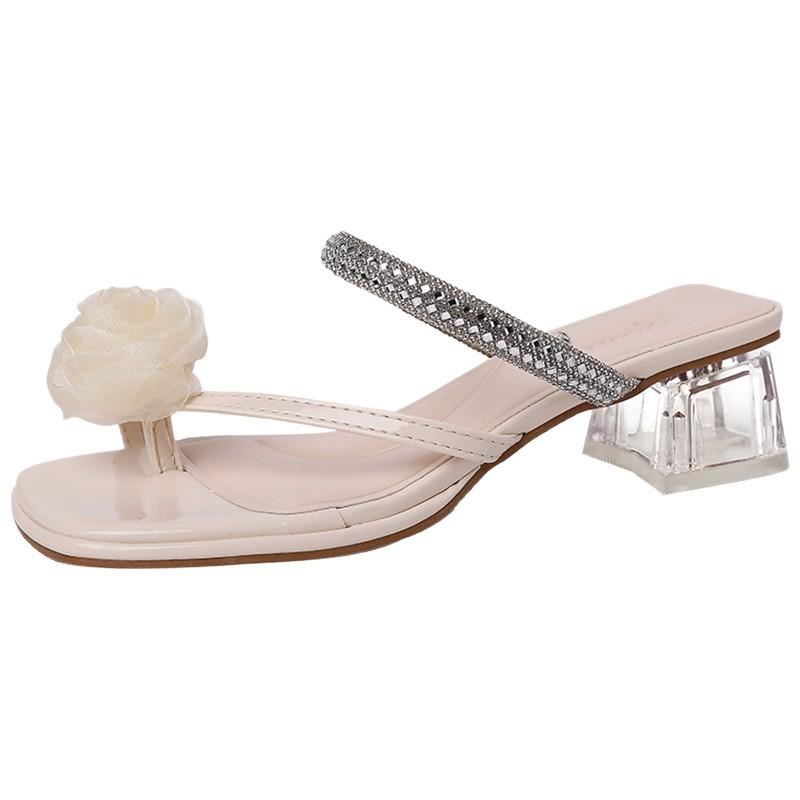 French fairy wind flower rhinestone thick heel slippers female summer wear 2025 summer new with skirt versatile sandals