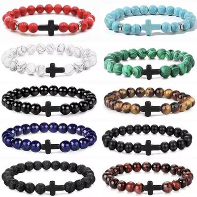 8 mm Achat-Kreuzarmband: Tigerauge, weißer Türkis, schwarzer Obsidian, vulkanische Gesteinsperlen, handgefertigter Schmuck.