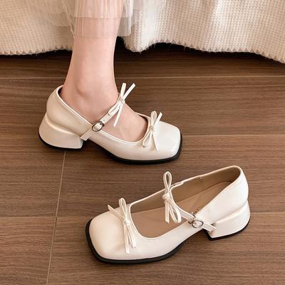 Silberne Schleife erhöhter dicker Absatz kleine Lederschuhe Damen 2025 neu Frühling und Herbst mit Rock eckige Spitze Mary Jane Einzelschuhe