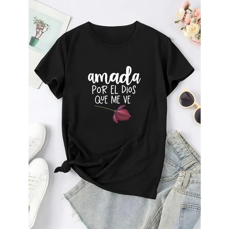 European Size Letter Pattern T-Shirt - Soft, Breathable, Comfortable Polyester Blend Short Sleeve Casual Summer Sportswear, Easy Care, Quick-Dry