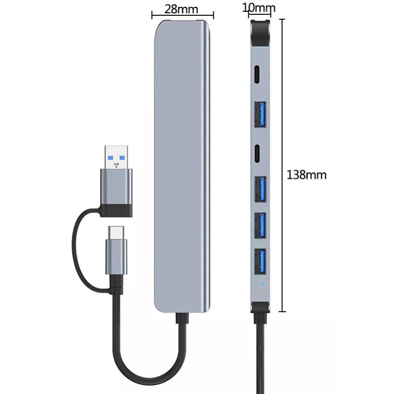 7/8Port USB C Hub Expander Multiport Adapter TypeC Splitter Dock USB3.0 Port for Xiaomi Phone Tablet Fast Data Transfer Charging