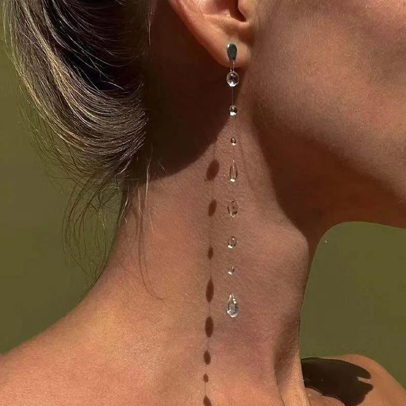 Water Drop Handmade Long Tassel Earrings Necklace for Women Fashion Transparent Crystal Bead Earrings Wedding Party  Gift