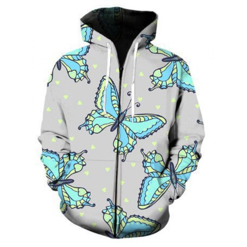 Mens Hooded Zip-Up Sweatshirt With 3D Butterfly Print Stand-Up Collar Front Patch Pockets Loose Fit Fall Casual Wear