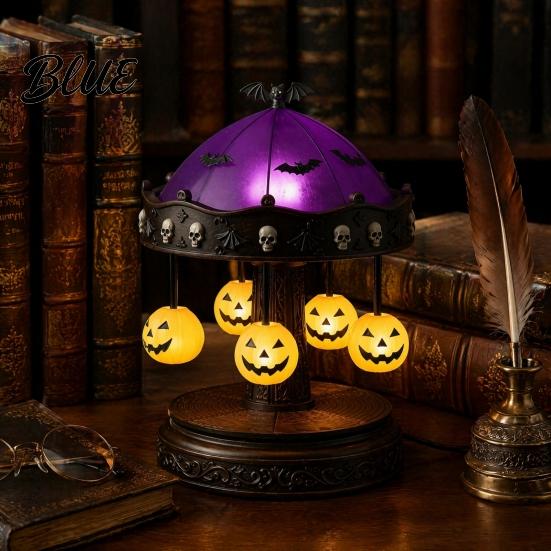 Retro Resin Table Lamp Halloween Ghost Carousel Lights Gothic Stained Glass Night Light with Copper Unique Housewarming Gift Base USB Rechargeable