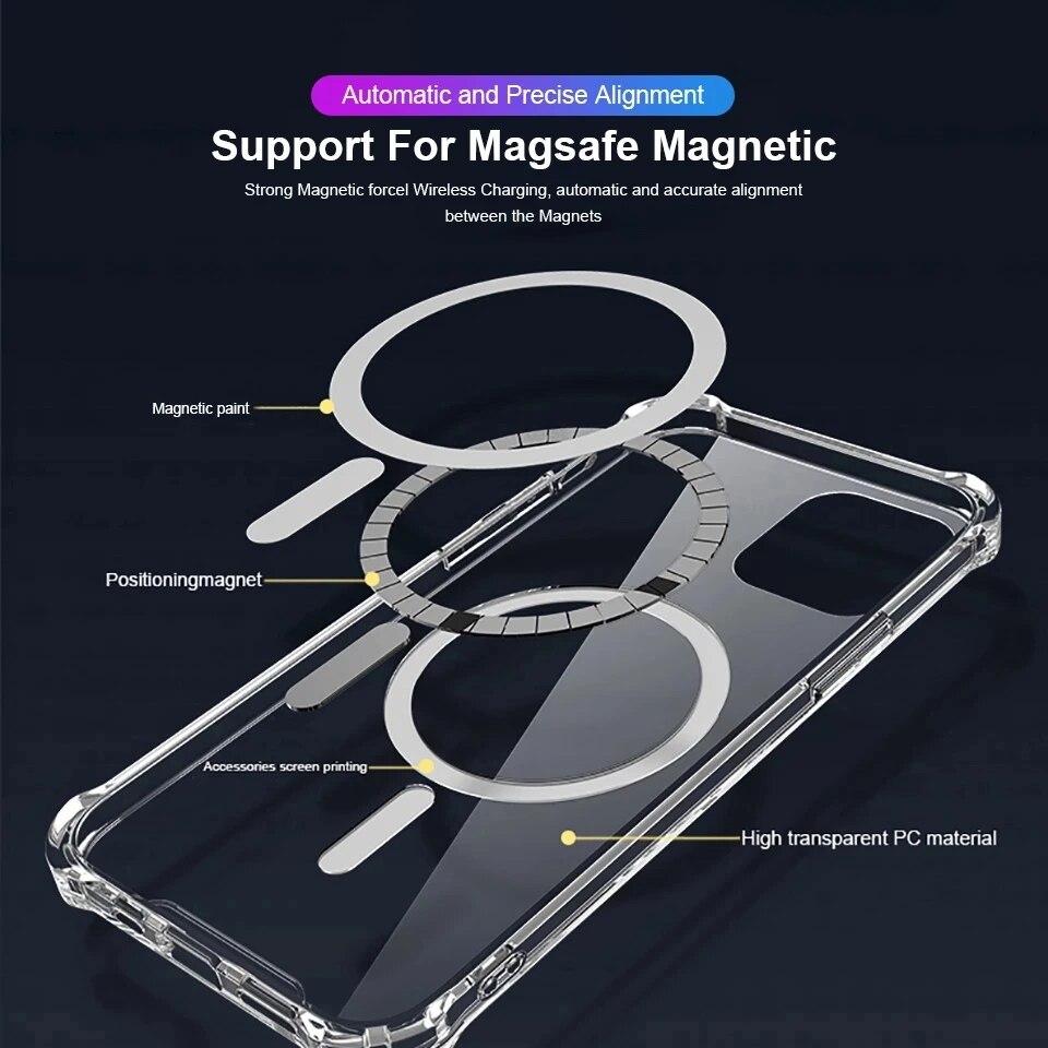 Clear For Magsafe Magnetic Case For iPhone 14 13 12 11 Pro Max 14 Plus Shockproof Protective Cover Wireless Charging Accessories
