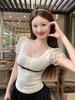 Korean Pure Desire Apricot Square Neck Bubble Short-sleeved T-shirt Women's Spring and Summer Lace Edge Slim-fitting and Thin Outer Top