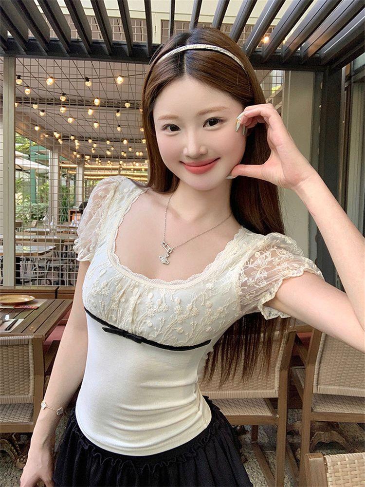 Korean Pure Desire Apricot Square Neck Bubble Short-sleeved T-shirt Women's Spring and Summer Lace Edge Slim-fitting and Thin Outer Top