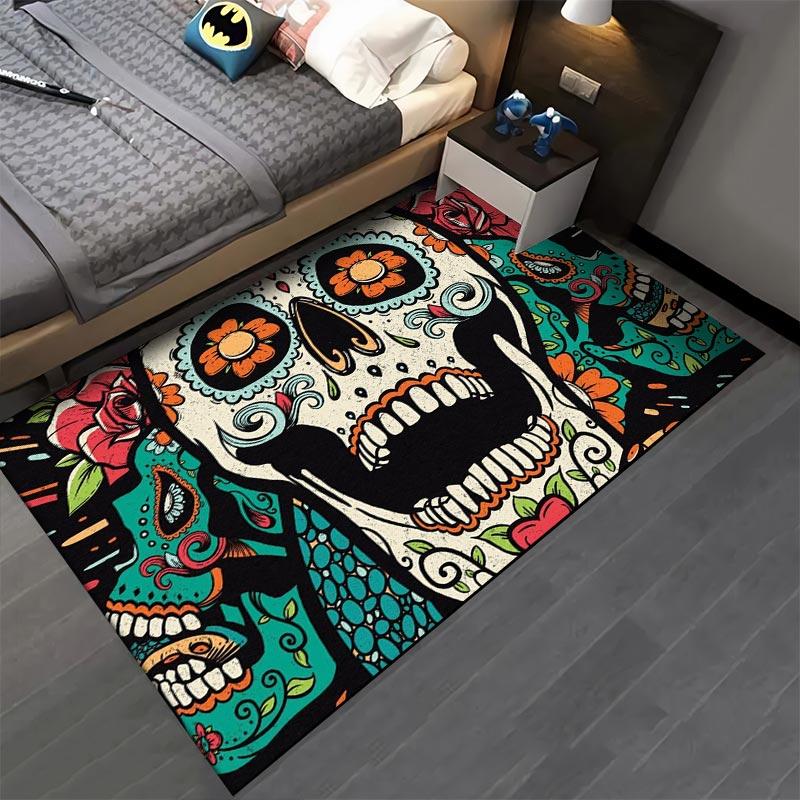Colorful Sugar Skull Pattern Area Rug with Floral Artistic Design Suitable for use as an anti-slip for living room bedroom sofas