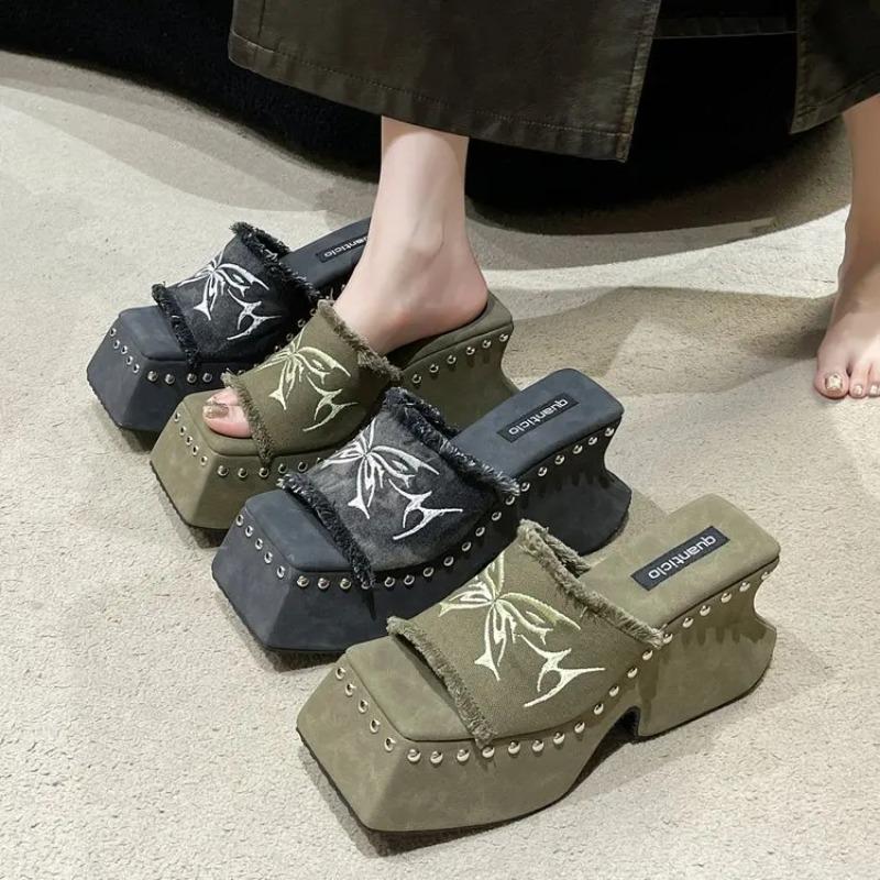 Female Shoes House Slippers Platform Low Slides Rivet Women Heels 2025 Summer Denim High Retro Cotton Fabric Rubber Rome Hoof