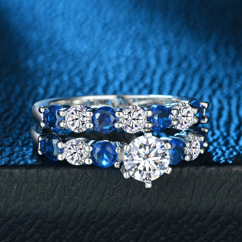 Hoyon Luxury Sapphire Blue Gemstone Zircon Ring Set For Couple Imitation Main Diamond Blue Tip Ring Women 'S Jewelry Free Ship