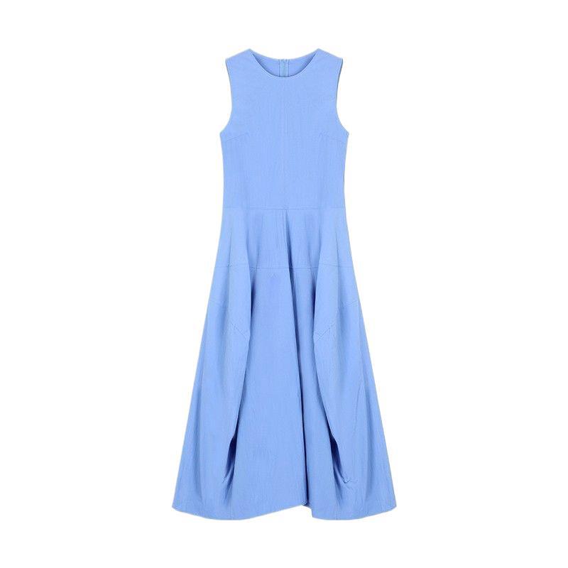 French holiday style temperament blue vest dress women's summer new design feeling waist thin a word long dress