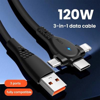 120W 3 In 1 Fast Charging Cable 2 In 1 USB Type C Cable Data Fast Charger Cable for iPhone Huawei Xiaomi Samsung Android