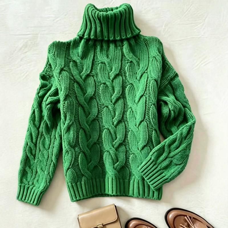 Womens High Neck Long Sleeve Knit Sweater With Twisted Cable Soft Acrylic Loose Fit Casual Fall Winter Fashion