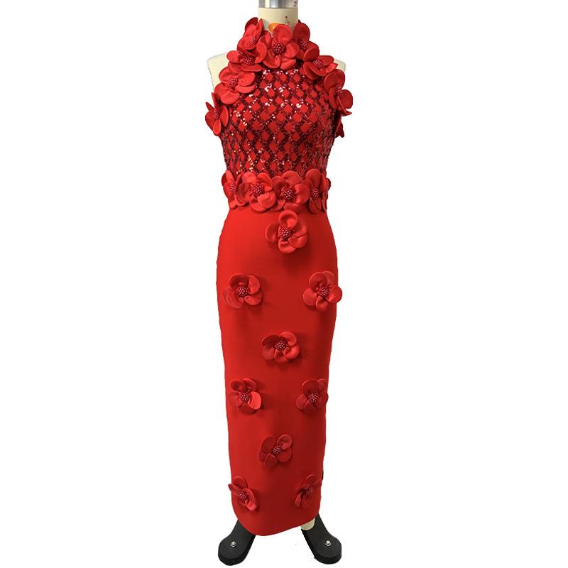 Cross-Border New Fashion 3D Floral Sequin Sleeveless Bodycon Evening Gown