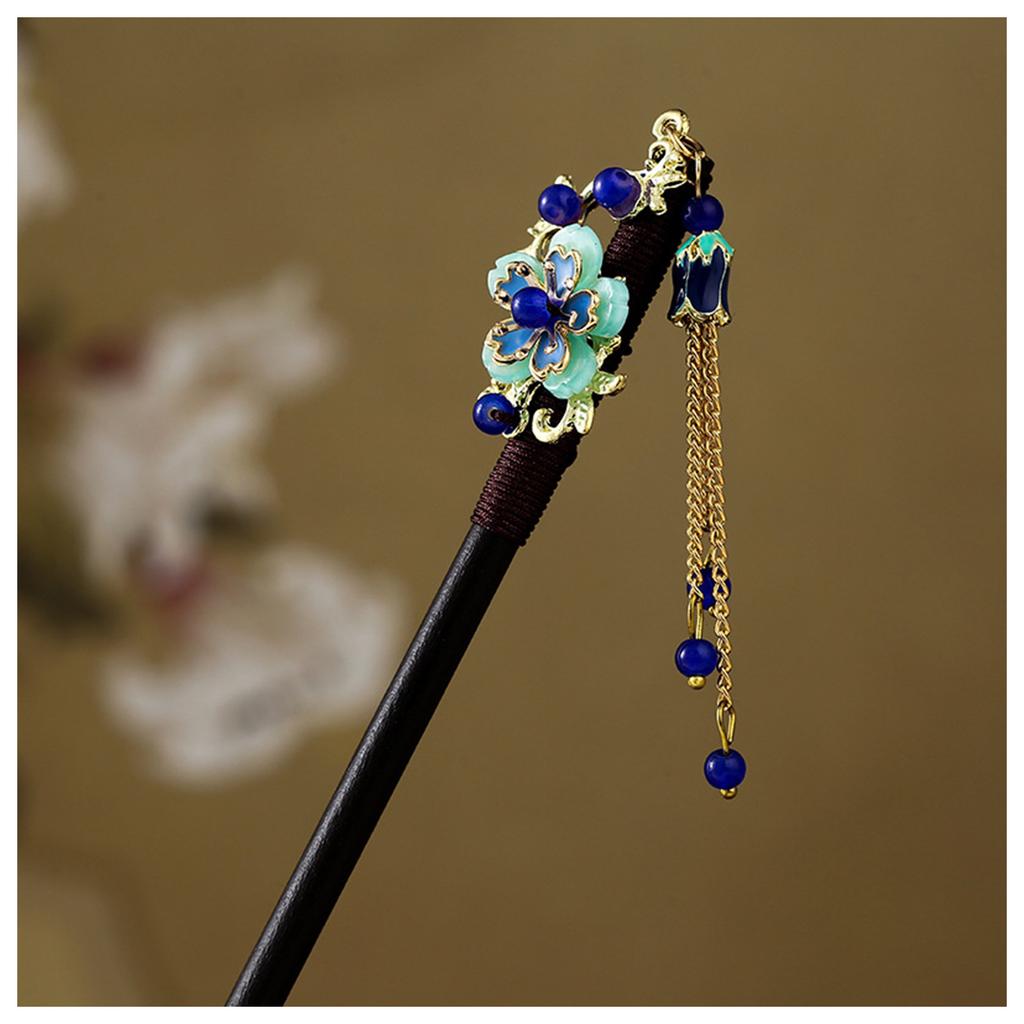 Ancient Style Magnolia Hairpin Artificial Transparent Glass Flower Tassel Hair Stick Wooden Simple Updo Hairpin New Year Gifts