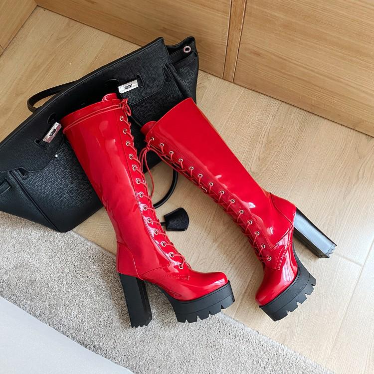 

Plus Size Platform High Heel Patent Leather Boots, European & American Style, Sizes 34-43, Round Toe High Boots 35 красный
