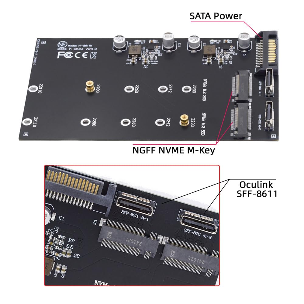 Cablecc Dual Oculink to NVMe NGFF PCIe SSD 2280 22110mm Adapter SFF-8612 SFF-8611 M-Key M.2 (for Motherboard)