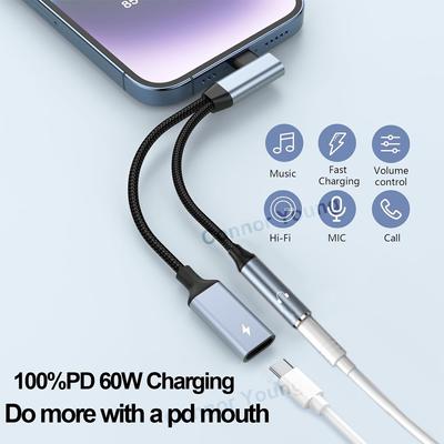 2 IN 1 OTG Elbow USB Type C To 3.5 Mm AUX Jack Audio Headphone Adapter Splitter 60W Fast Charging for Samsung Xiaomi iPhone 15