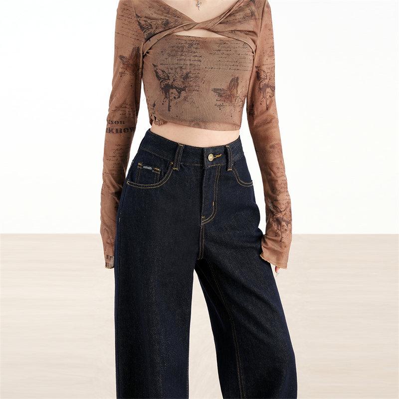 Women's Autumn 2025 Dark Blue High-Waisted Wide-Leg Denim Jeans - Floor-Length, Slimming, Versatile, Stylish