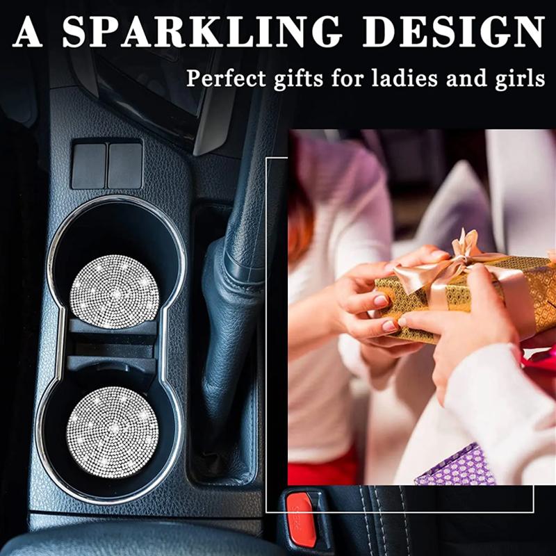 2Pcs Bling Car Cup Holder Coaster with Rhinestone Anti Slip Insert Mat Pads for Women Girls Universal Auto Interior Accessories
