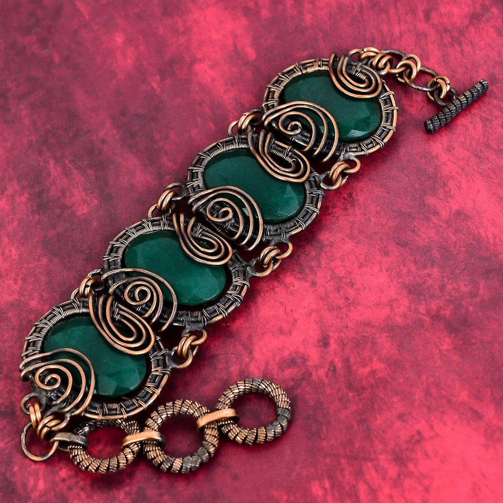 Faceted zambian emerald bracelet copper wire wrapped bracelet adjustable chain bracelet copper gemstone jewelry handmade bracelet for gifts