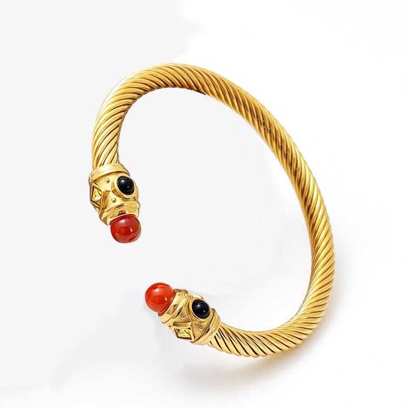 Stylish European-American 18K Gold Stainless Steel Wire Bracelet for Women, Geometric Open Design, Inlaid with Colored Diamonds, Colorfast.