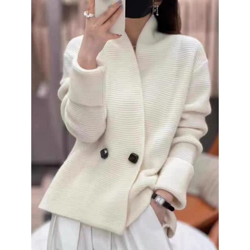 

Элегантный вязаный кардиган, свободный свитер-жакет, женский осенне-зимний, с лацканами, утолщенный, модный 2025, с длинным рукавом, V-образным вырезом, однотонный, повседневный, новая одежда One size бежевый