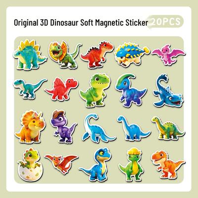 Zestaw 20 magnetycznych magnesów z kreskówkowymi dinozaurami 3D: Urocze Wodoodporne Naklejki na Lodówkę z Wizerunkami Tyranozaura i Pterozaura