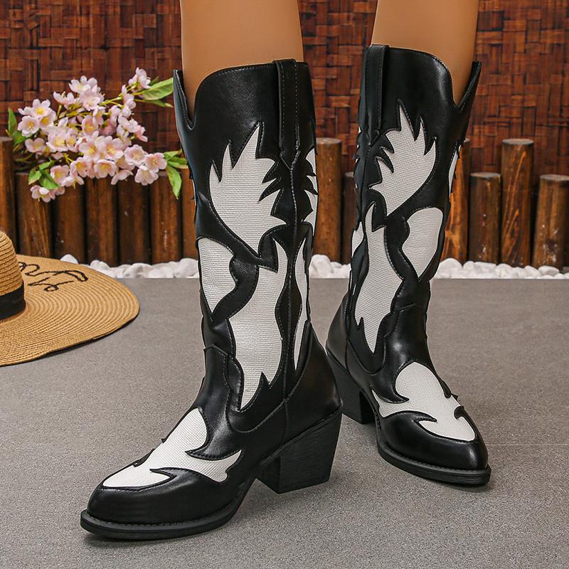 Fashion Women's Western Cowboy Boots Pointed Toe Chunky Heel Mid Calf Botas Mujer 2025 Autumn Winter PU Leather Riding Boots Plus Size