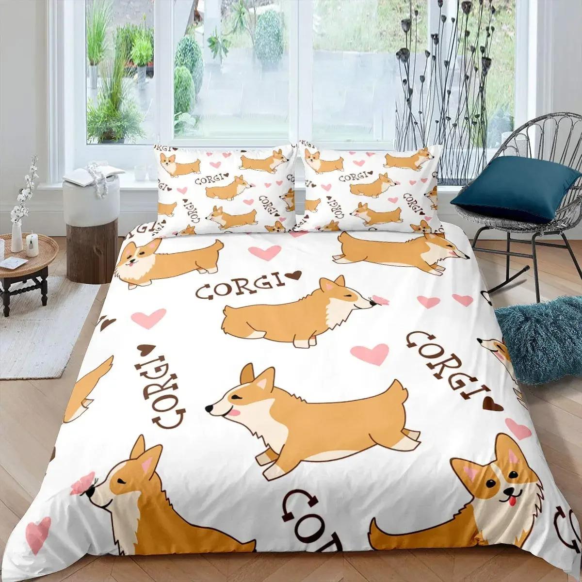 

Kids Corgi Dog Bedding Set King Queen Size Cute Puppy Duvet Cover Set Cartoon Pet Animal Comforter Cover Microfiber Quilt Cover 70x133cm