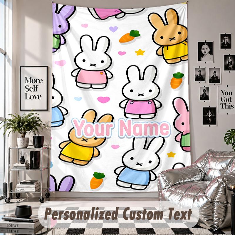 Wall Hanging Tapestry With Custom Name & Text, Miffy Decorative Tapestry For Bedroom