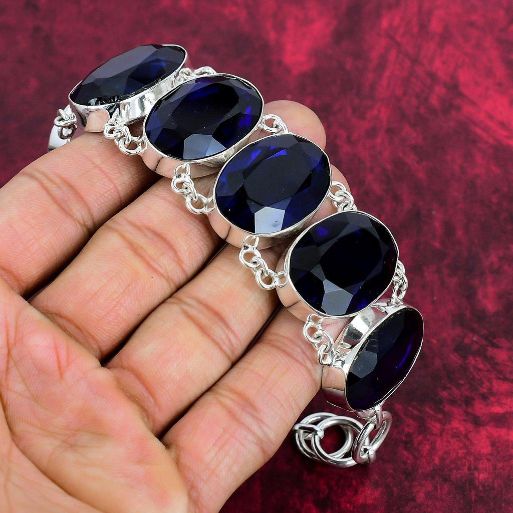 Faceted Blue Sapphire Lab-Created Jewelry, Handmade Gemstone 925 Solid Sterling Silver Jewelry, New Jewelry Adjustable Chain Bracelet For Wedding Gift