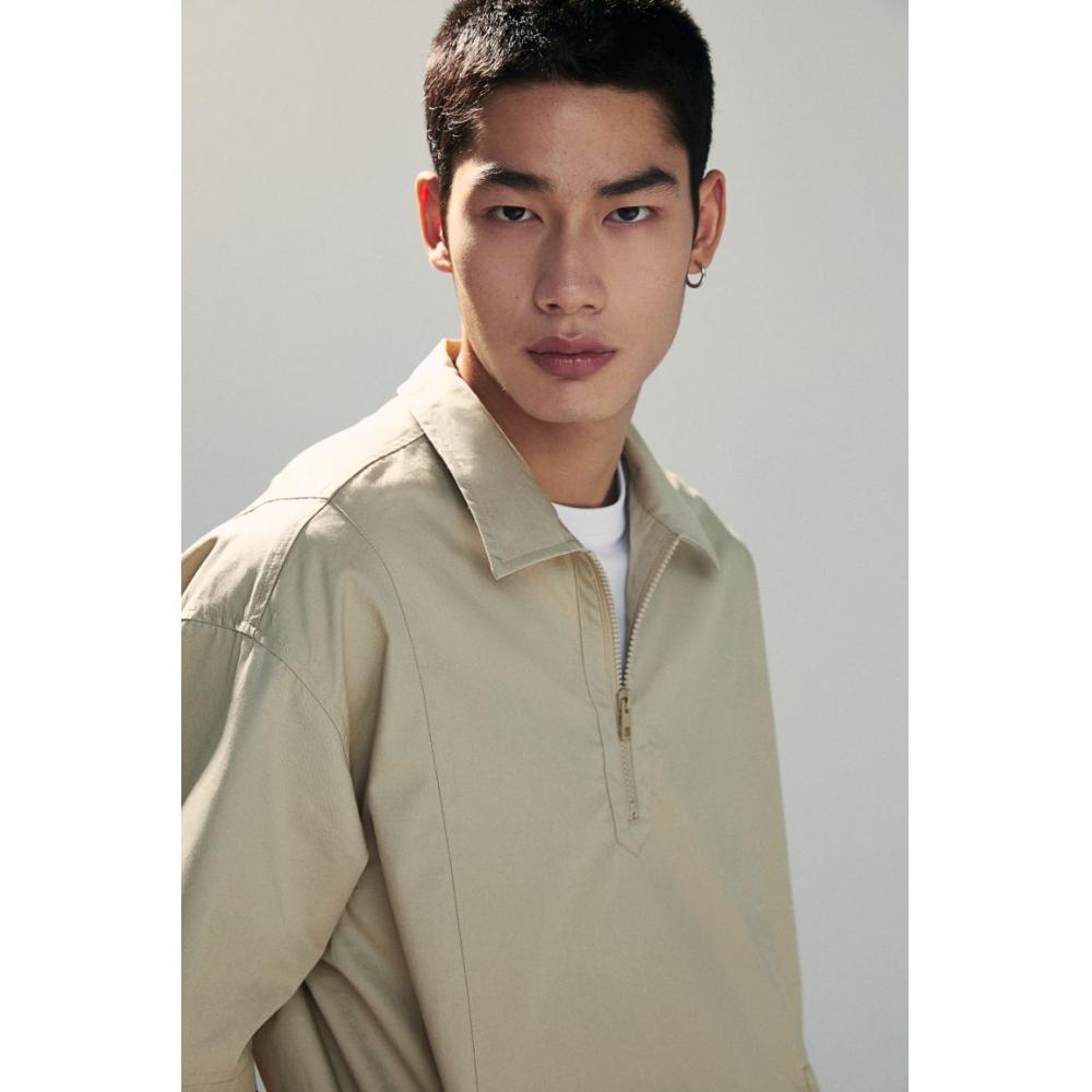 H M Loose Fit Pocket Detail Polo sHirt Dusty Green