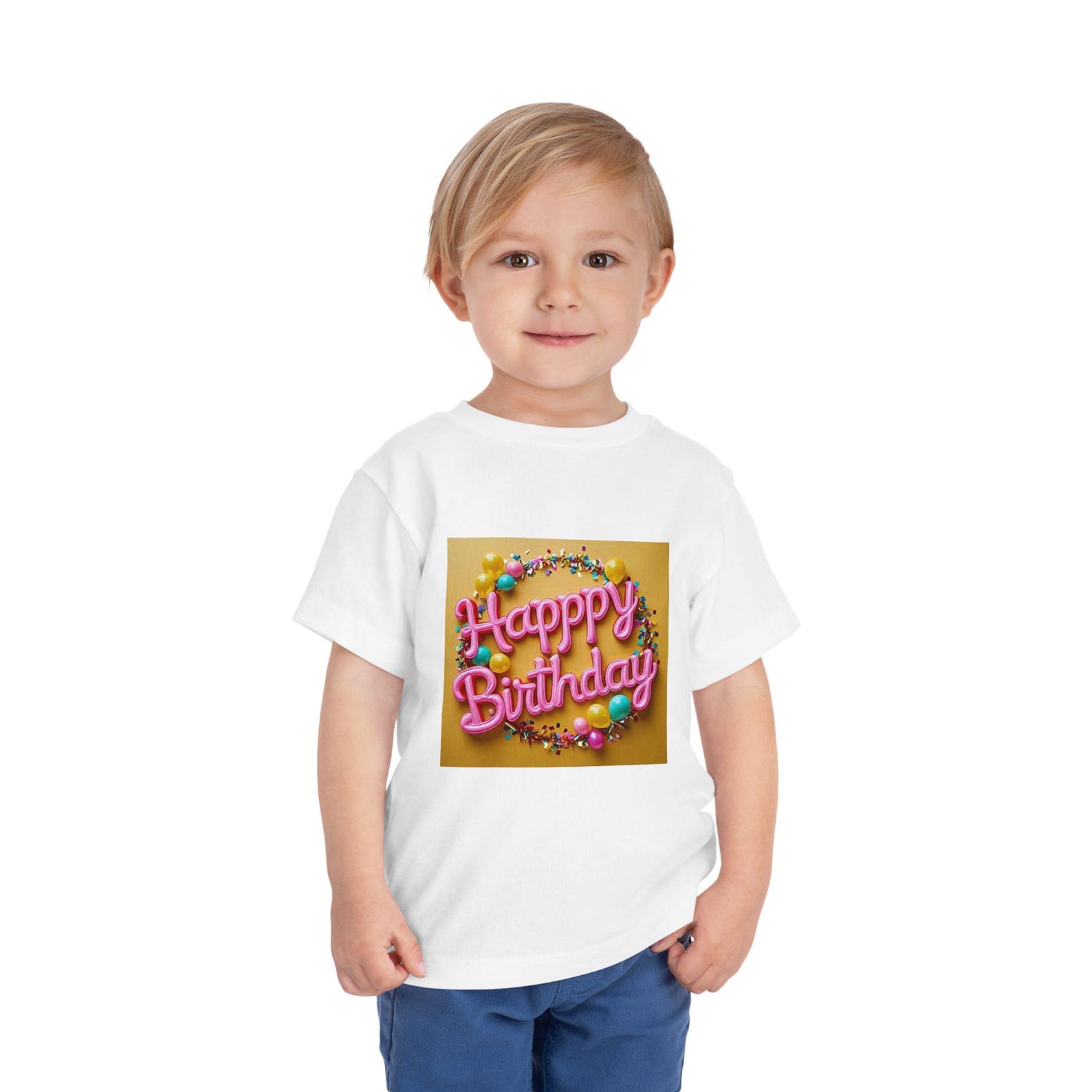 Happy Birthday wreath Toddler Tee | Pink script, balloons, confetti 120